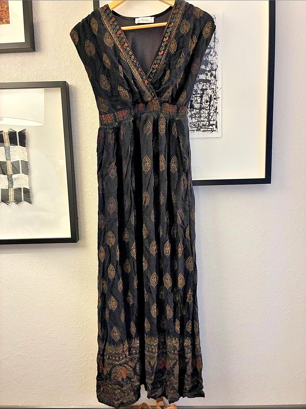 Lapogee Boho Paisley Peacock Maxi Dress in Black & Gold Size Small